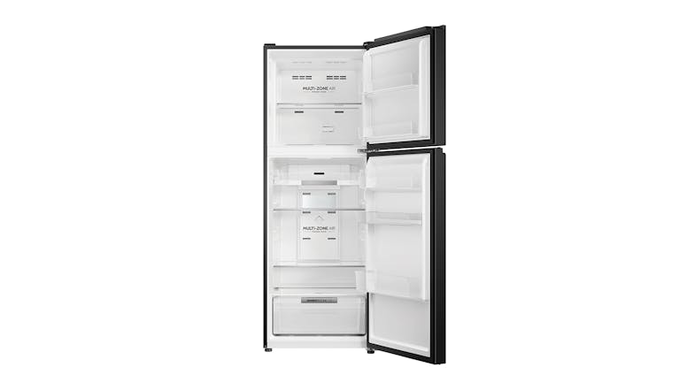 An open fridge freezer, highlighting its multiple shelving options An open fridge freezer, highlighting its multiple shelving options