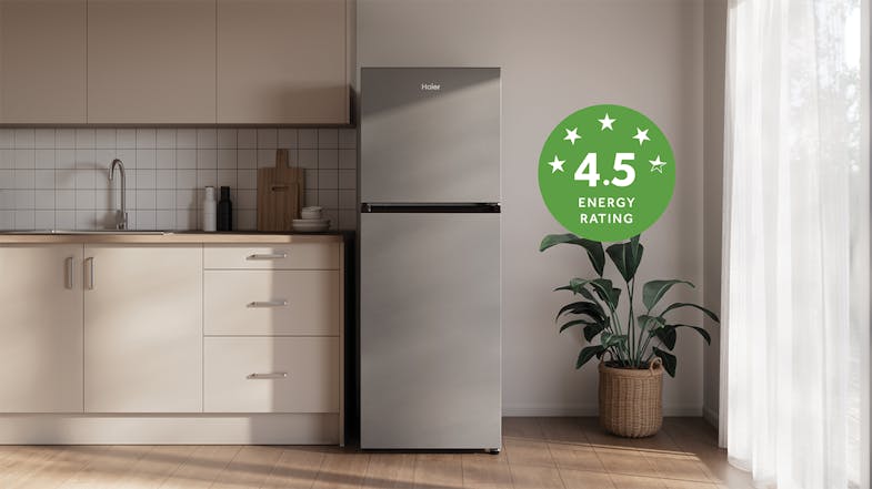 A Haier Fridge Freezer in a kitchen with a 4.5-star energy rating badge A Haier Fridge Freezer in a kitchen with a 4.5-star energy rating badge