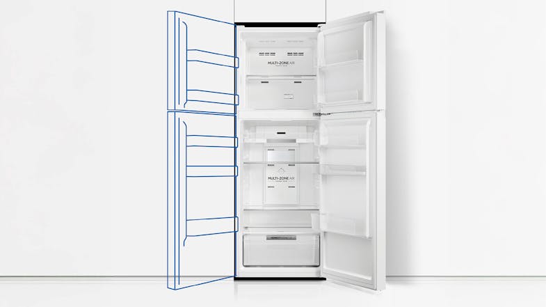 Haier Fridge Freezer in a kitchen cabinetry with a diagram, highlighting its reversible door design Haier Fridge Freezer in a kitchen cabinetry with a diagram, highlighting its reversible door design
