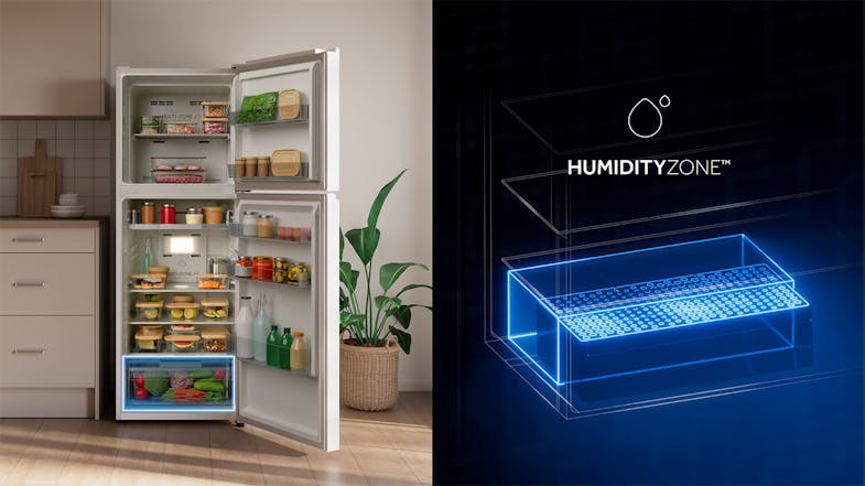 An open fridge showing the "HumidityZone" crisper drawer An open fridge showing the "HumidityZone" crisper drawer