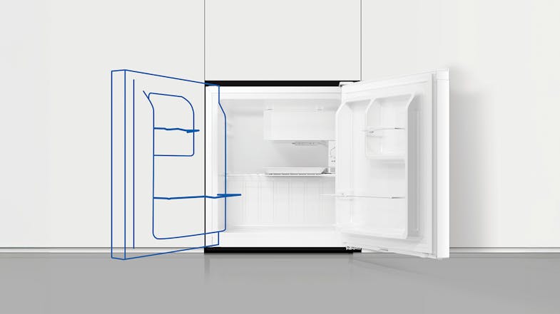 Mini fridge with open reversible door, showing left-right swing Mini fridge with open reversible door, showing left-right swing
