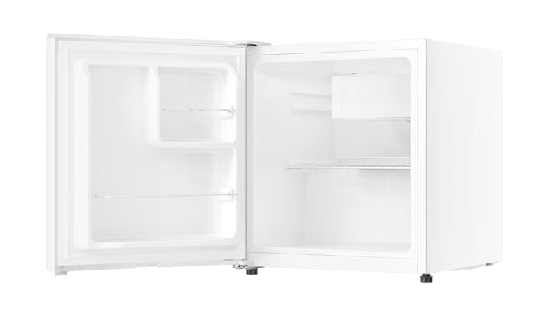 White Haier mini fridge with a door open, showing a freezer and wire shelves White Haier mini fridge with a door open, showing a freezer and wire shelves