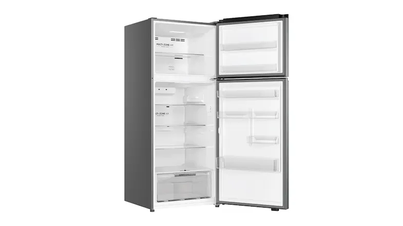 An angled open view of the Haier refrigerator, displaying all internal shelves and compartments An angled open view of the Haier refrigerator, displaying all internal shelves and compartments