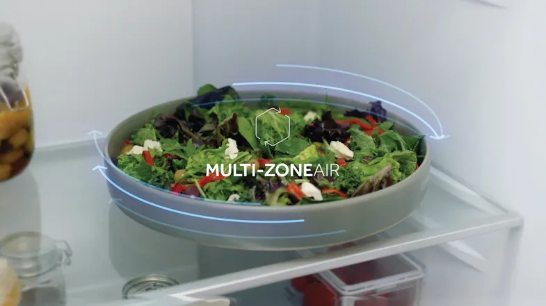 A bowl of salad inside a fridge with arrows showing air circulation and the label "Multi-Zone Air" A bowl of salad inside a fridge with arrows showing air circulation and the label "Multi-Zone Air"