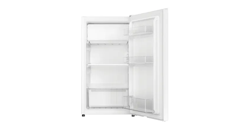 Bar fridge with door open, showing shelves and freezer compartment Bar fridge with door open, showing shelves and freezer compartment