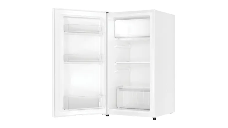 Left-side view of the fridge with door open, showing shelves and freezer compartment Left-side view of the fridge with door open, showing shelves and freezer compartment