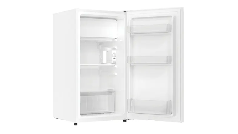 Right-side view of the unit with door open, showing shelves, freezer compartment, and deodoriser Right-side view of the unit with door open, showing shelves, freezer compartment, and deodoriser