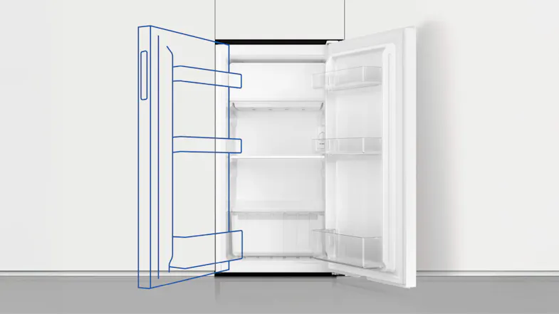 Mini fridge with open reversible door, showing left-right swing Mini fridge with open reversible door, showing left-right swing