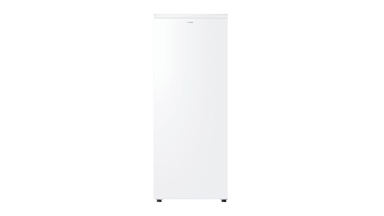 A white Haier Vertical Freezer displayed from the front A white Haier Vertical Freezer displayed from the front