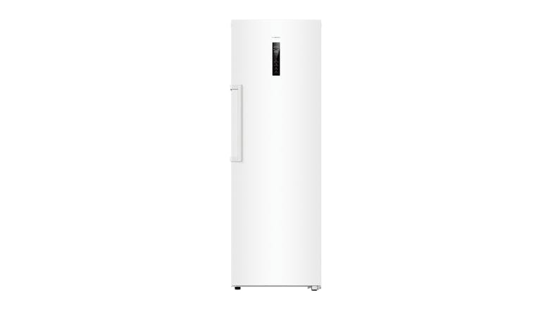 A sleek white vertical fridge/freezer with its external LED display A sleek white vertical fridge/freezer with its external LED display