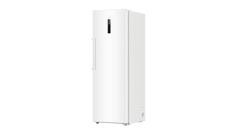 A slightly angled view of a closed white freezer, facing left A slightly angled view of a closed white freezer, facing left