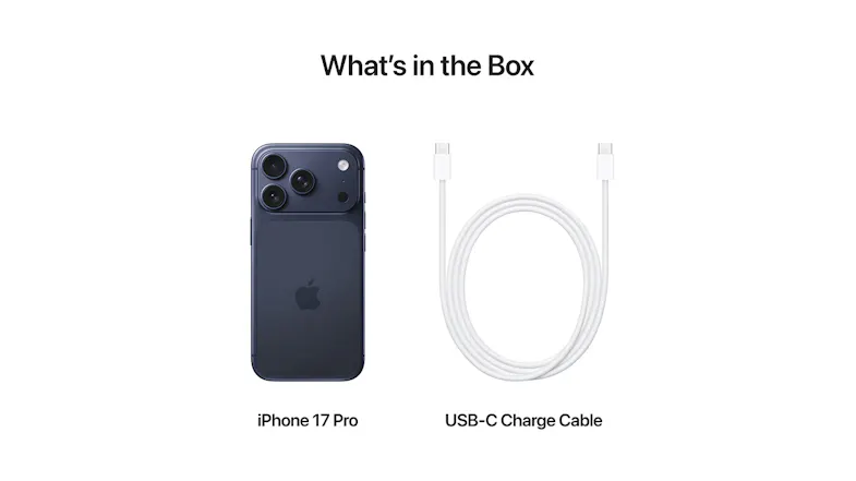 Apple iPhone 17 Pro 5G and USB-C cable shown with text "What's in the Box" Apple iPhone 17 Pro 5G and USB-C cable shown with text "What's in the Box"