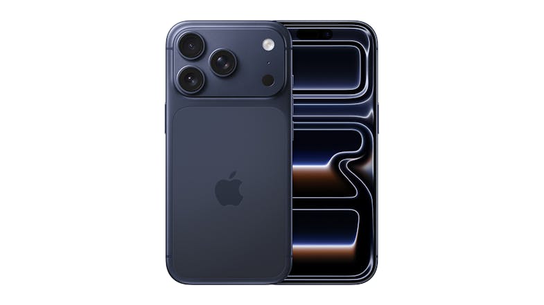 A front and back view of the Deep Blue iPhone 17 Pro unit, showing the screen and triple rear camera system A front and back view of the Deep Blue iPhone 17 Pro unit, showing the screen and triple rear camera system