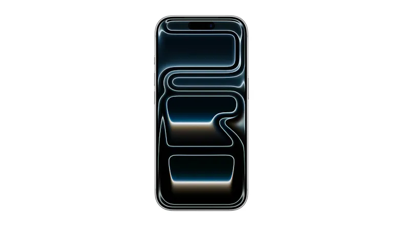 An Apple iPhone front screen with a display showing abstract curved lines An Apple iPhone front screen with a display showing abstract curved lines