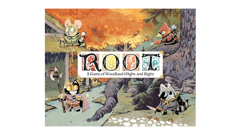 Cover of the Root board game with forest animals preparing for battle Cover of the Root board game with forest animals preparing for battle
