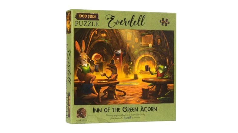 Everdell 1000-piece puzzle box showing animals in a warmly lit inn called Inn of the Green Acorn Everdell 1000-piece puzzle box showing animals in a warmly lit inn called Inn of the Green Acorn