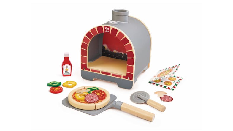 Toy pizza oven set with wooden pizza, toppings, sauce bottle, pizza cutter, and recipe card Toy pizza oven set with wooden pizza, toppings, sauce bottle, pizza cutter, and recipe card