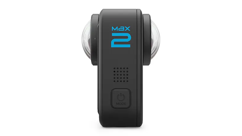Side view of the 360 action camera with dual lenses, logo, and power mode button Side view of the 360 action camera with dual lenses, logo, and power mode button