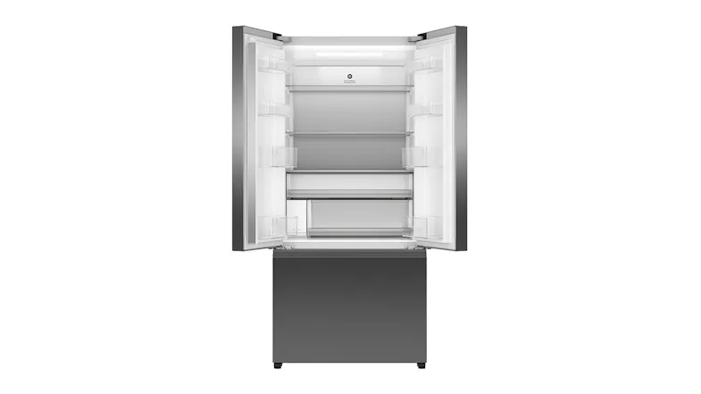 Open black French door fridge with empty shelves and bins Open black French door fridge with empty shelves and bins
