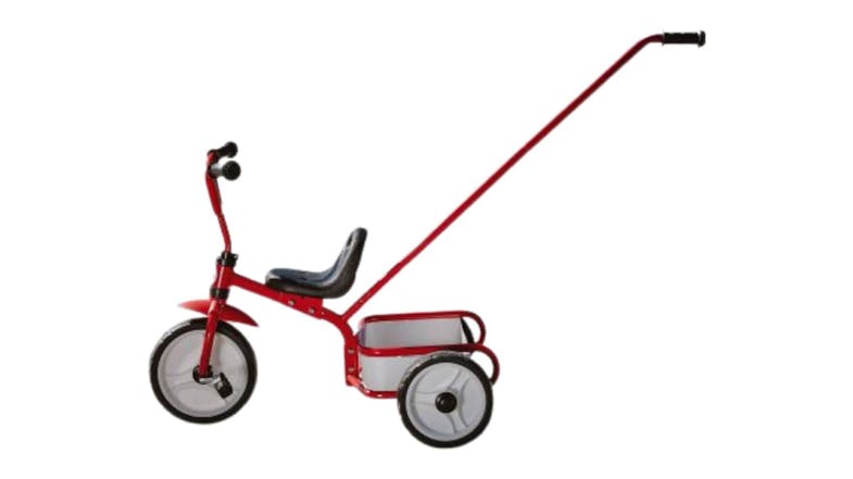 A red Triang Tuff Trike 2.0 with white wheels, black seat, and push bar A red Triang Tuff Trike 2.0 with white wheels, black seat, and push bar