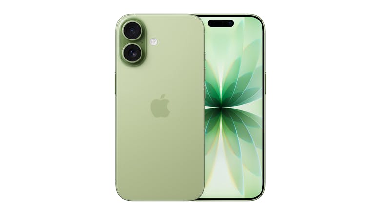 A front and back view of the Sage iPhone 17 unit, showing the screen and dual rear camera A front and back view of the Sage iPhone 17 unit, showing the screen and dual rear camera