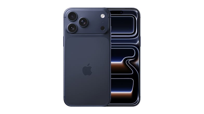 Front and back view of Deep Blue iPhone 17 Pro Max with screen and triple-lens camera visible Front and back view of Deep Blue iPhone 17 Pro Max with screen and triple-lens camera visible