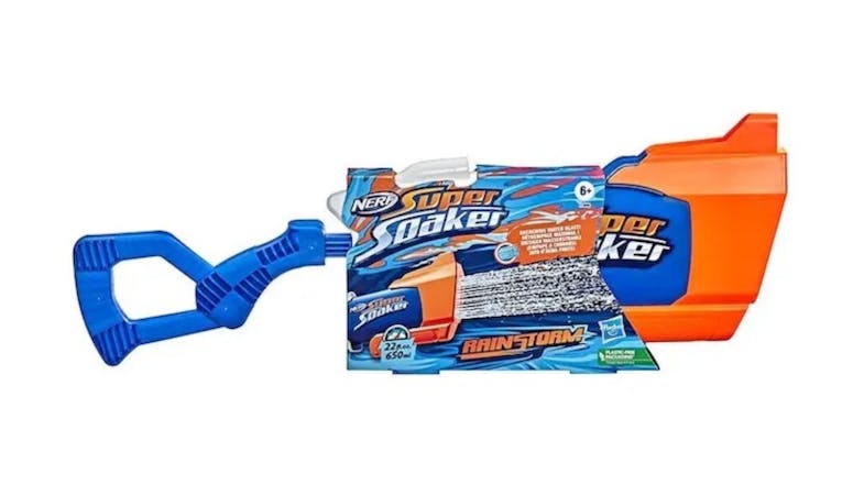 Nerf Super Soaker Rainstorm water gun with blue handle and orange body in retail packaging Nerf Super Soaker Rainstorm water gun with blue handle and orange body in retail packaging