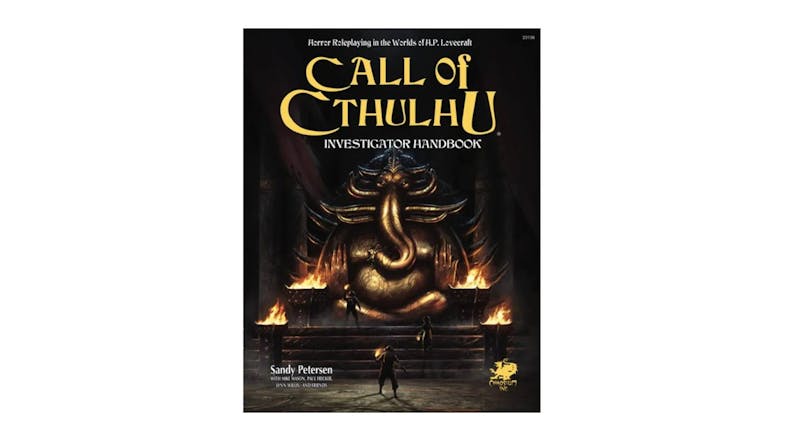 Call of Cthulhu cover with tentacled statue, flames, and three people approaching in darkness Call of Cthulhu cover with tentacled statue, flames, and three people approaching in darkness