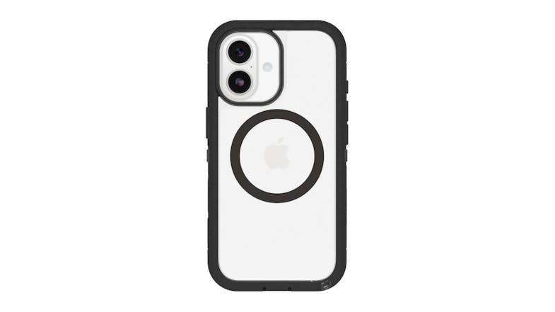 Back view of a white iPhone in a black case, showing dual cameras, Apple logo, and circular design around the logo Back view of a white iPhone in a black case, showing dual cameras, Apple logo, and circular design around the logo