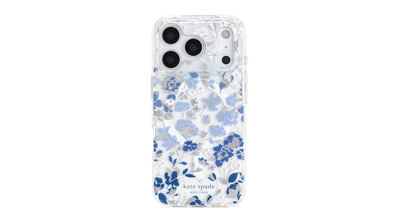 An iPhone case with a blue and grey floral design, Kate Spade New York logo at the bottom An iPhone case with a blue and grey floral design, Kate Spade New York logo at the bottom