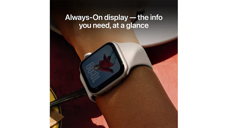 A modern Apple Smartwatch on a wrist, showcasing its Always-On Display A modern Apple Smartwatch on a wrist, showcasing its Always-On Display
