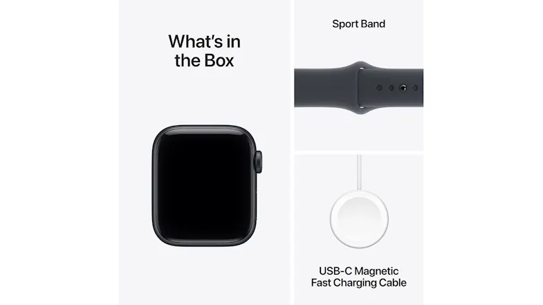 The contents of Apple Watch SE 3 package, comprising a 40mm aluminium case, a midnight sports band, and a USB-C magnetic cable The contents of Apple Watch SE 3 package, comprising a 40mm aluminium case, a midnight sports band, and a USB-C magnetic cable