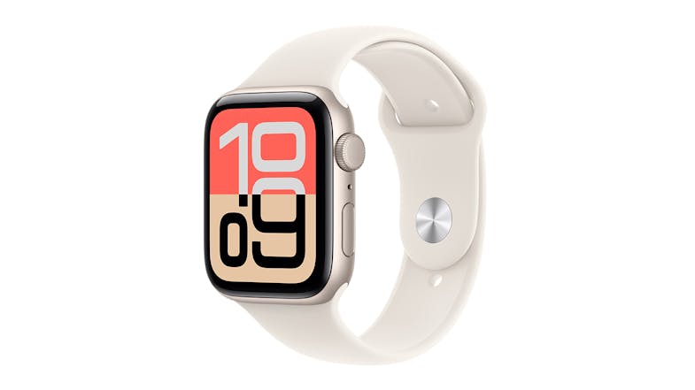 An angled view of Apple Watch SE 3, featuring its Starlight Aluminium Case and Starlight Sport Band An angled view of Apple Watch SE 3, featuring its Starlight Aluminium Case and Starlight Sport Band