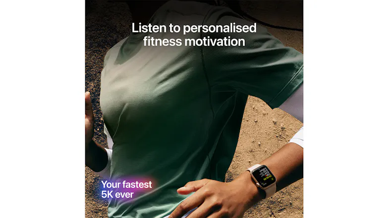 A person running wearing Apple Watch SE 3, with text “Listen to personalised fitness motivation” A person running wearing Apple Watch SE 3, with text “Listen to personalised fitness motivation”