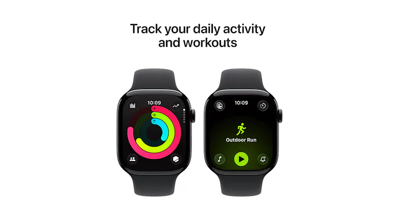 Two jet black smartwatches display activity rings and workout screen Two jet black smartwatches display activity rings and workout screen
