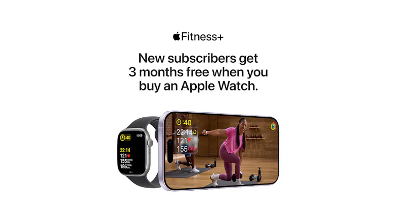 Apple Watch showing fitness metrics beside iPhone screen with workout video and promotional offer for Fitness+ Apple Watch showing fitness metrics beside iPhone screen with workout video and promotional offer for Fitness+