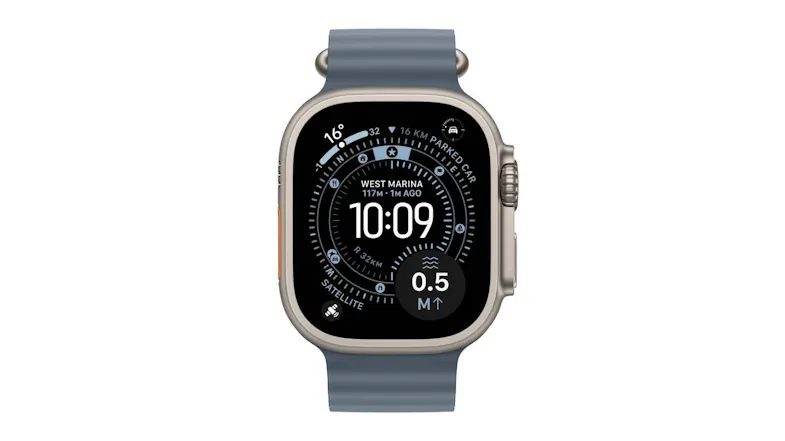 Front view of Ultra 3 Watch with natural titanium case and Ocean Band Front view of Ultra 3 Watch with natural titanium case and Ocean Band