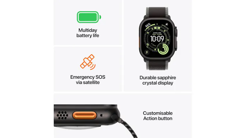 Feature highlights of Apple Ultra 3, including battery life, Emergency SOS, sapphire crystal display, and Action button Feature highlights of Apple Ultra 3, including battery life, Emergency SOS, sapphire crystal display, and Action button