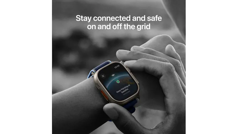 Person wearing a smartwatch outdoors with text about staying connected and safe off the grid Person wearing a smartwatch outdoors with text about staying connected and safe off the grid