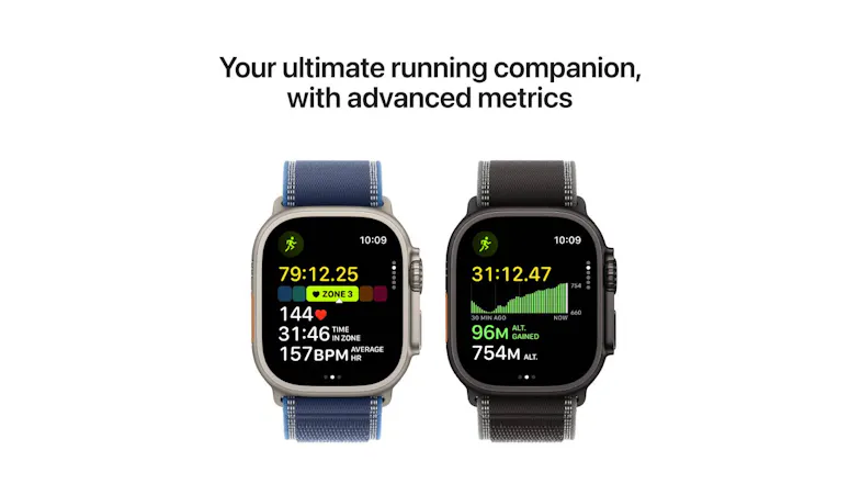 Two Apple watches showing running metrics; one with a blue band, one with a black band Two Apple watches showing running metrics; one with a blue band, one with a black band
