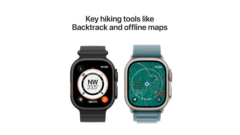 Two Apple watches displaying hiking tools; one shows a compass, the other shows offline maps with a Backtrack feature Two Apple watches displaying hiking tools; one shows a compass, the other shows offline maps with a Backtrack feature