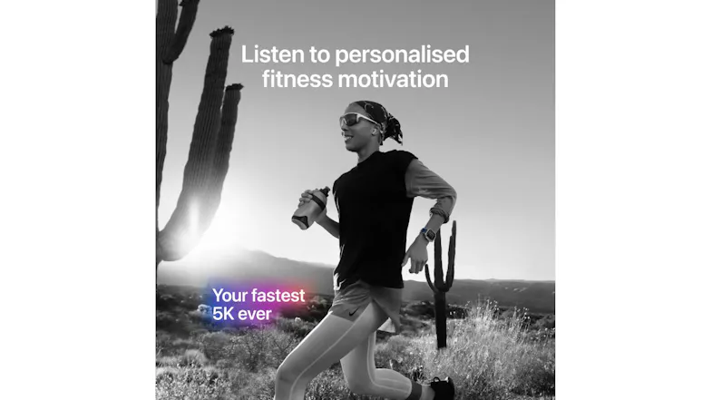 A person running outdoors wearing a smartwatch with motivational fitness text and the fastest 5K message A person running outdoors wearing a smartwatch with motivational fitness text and the fastest 5K message