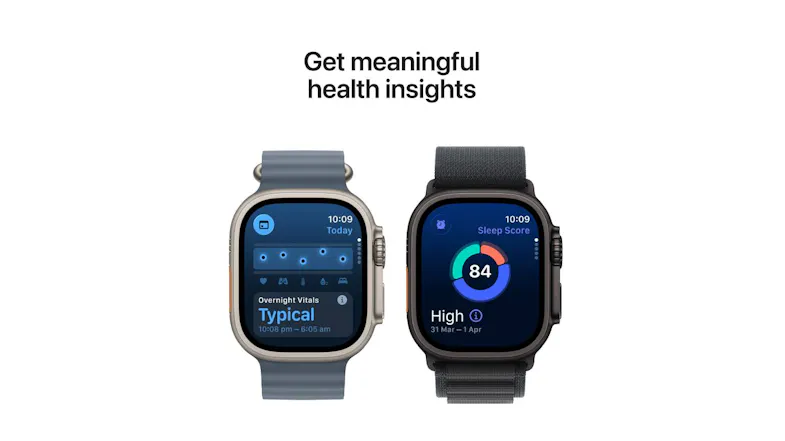 Two Apple watches showing health insights; one displays overnight vitals, the other shows a sleep score of 84 Two Apple watches showing health insights; one displays overnight vitals, the other shows a sleep score of 84
