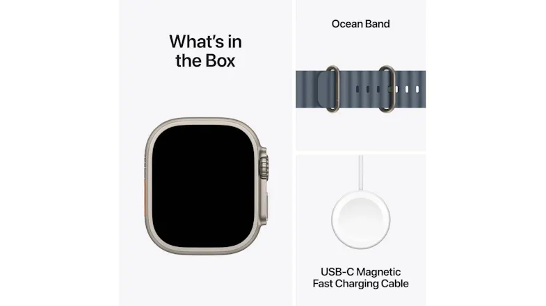 Box contents of Apple Watch Ultra 3, including Ocean Band and USB-C Magnetic Fast Charging Cable Box contents of Apple Watch Ultra 3, including Ocean Band and USB-C Magnetic Fast Charging Cable