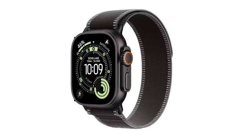 Apple Watch Ultra 3 with black titanium case and Black/Charcoal Trail Loop Apple Watch Ultra 3 with black titanium case and Black/Charcoal Trail Loop