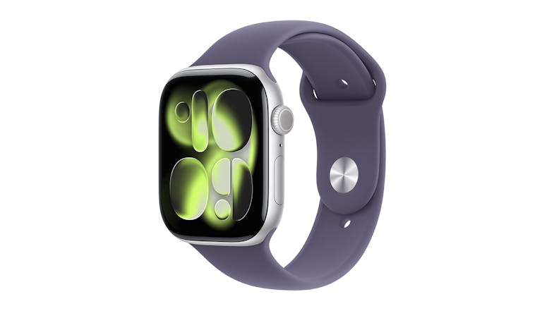 A left-facing angled view of the Apple Watch Series 11 unit A left-facing angled view of the Apple Watch Series 11 unit