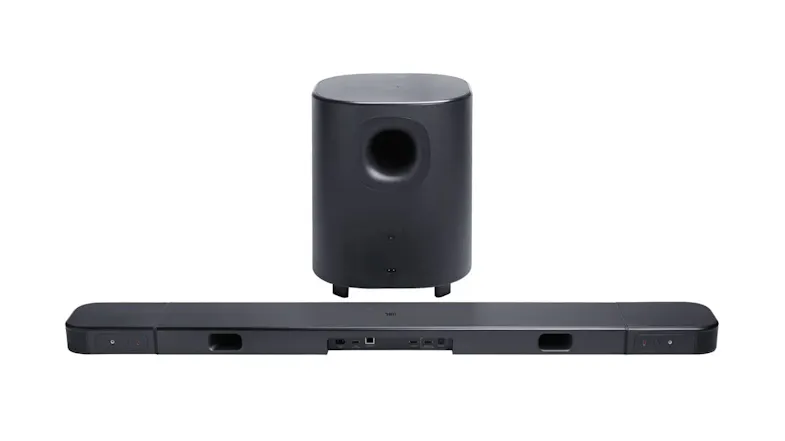 Back view of a soundbar with a subwoofer set Back view of a soundbar with a subwoofer set