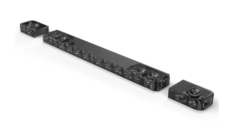 A black soundbar system with a central unit showing what’s inside the speaker A black soundbar system with a central unit showing what’s inside the speaker