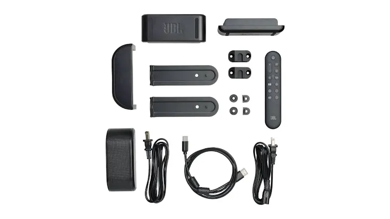 JBL soundbar accessories, including remote, power cables, mounting brackets, screws, and components. JBL soundbar accessories, including remote, power cables, mounting brackets, screws, and components.