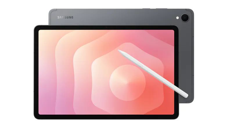 Front and back views of Samsung tablet with stylus and a single rear camera Front and back views of Samsung tablet with stylus and a single rear camera